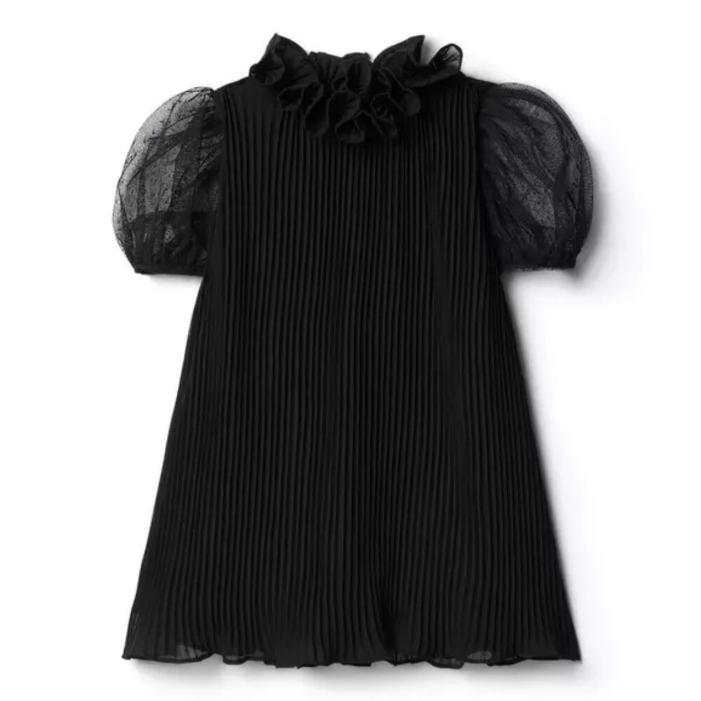 NWT Girls Pleated Puff Sleeve Black Dress, Size 7